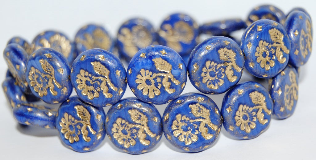 Round Flat With Flower Marguerite Pressed Glass Beads, (36016 54202), Glass, Czech Republic