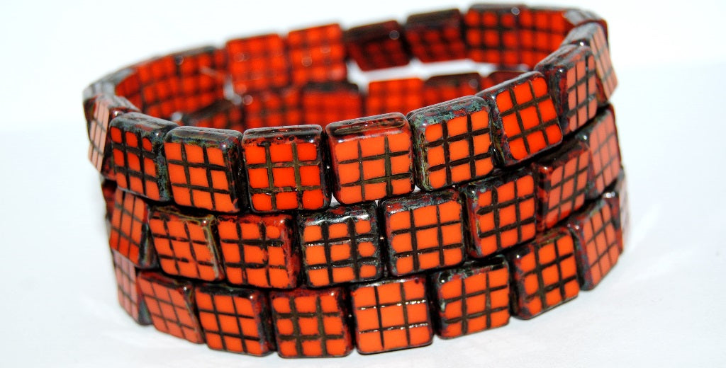 Table Cut Square Beads With Grid, Deep Orange Travertin (93140 86800), Glass, Czech Republic