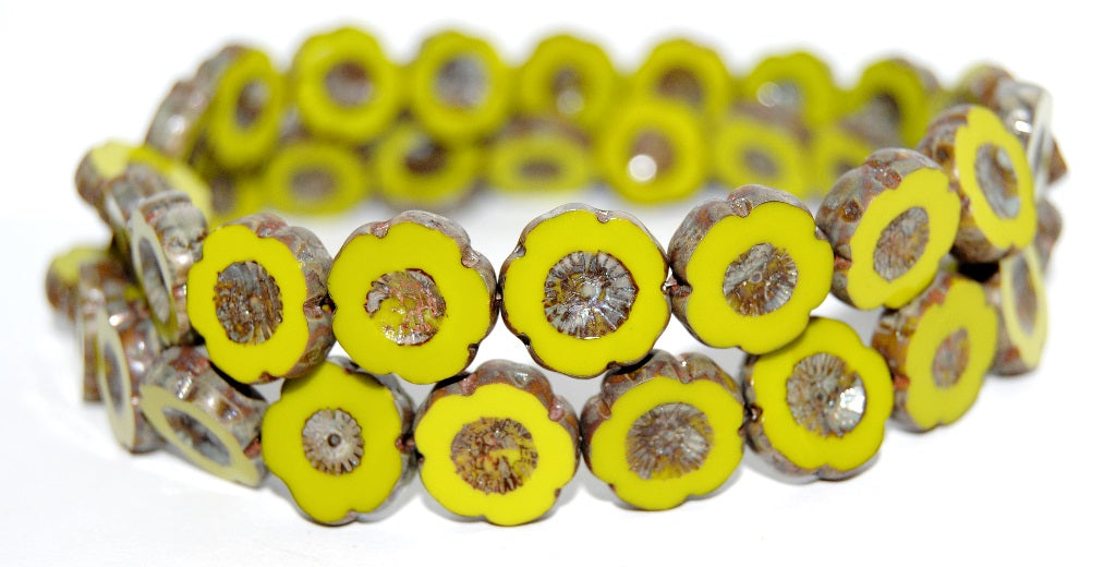 Table Cut Round Beads Hawaii Flowers, Opaque Green 43400 (53400 43400), Glass, Czech Republic