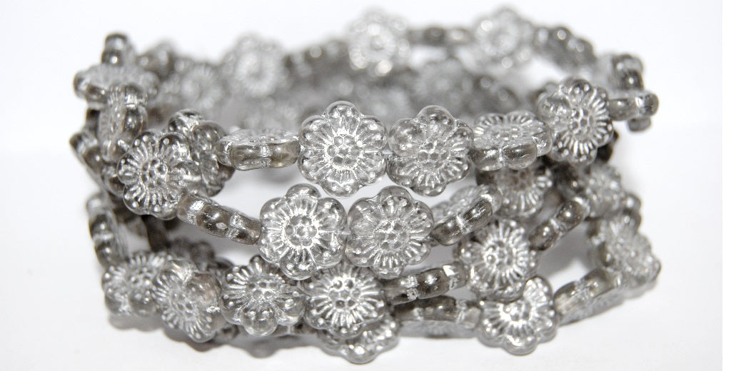 Flower Pressed Glass Beads, Gray 54201 (40010 54201), Glass, Czech Republic