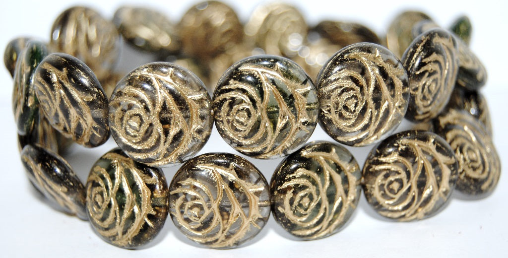 Round Flat Rose Flower Pressed Glass Beads, (47701 54202), Glass, Czech Republic