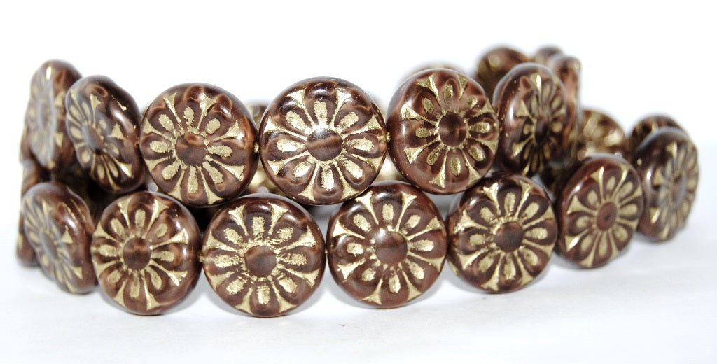 Flat Round With Flower Pressed Glass Beads, (17602 54202), Glass, Czech Republic