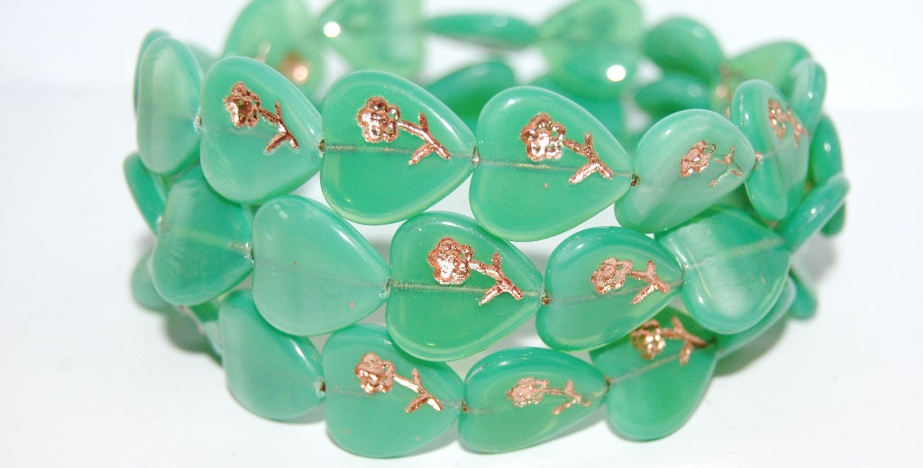 Heart Pressed Glass Beads With Flower, Opal Aqua 54200 (61310 54200), Glass, Czech Republic