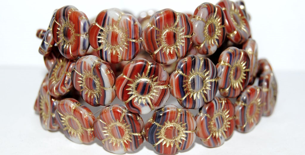 Round Flat Flower Pressed Glass Beads, (95333 54202), Glass, Czech Republic