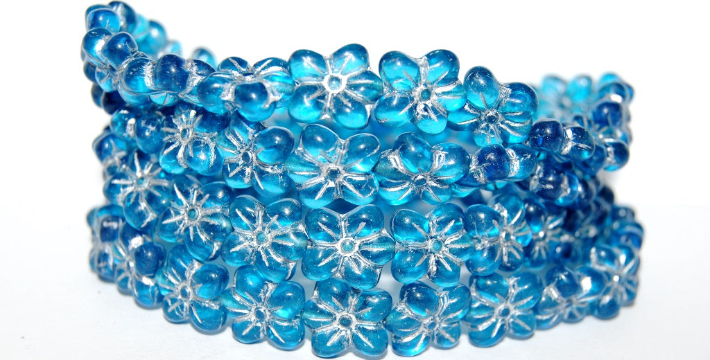 Flower Pressed Glass Beads, Transparent Aqua 54201 (60050 54201), Glass, Czech Republic