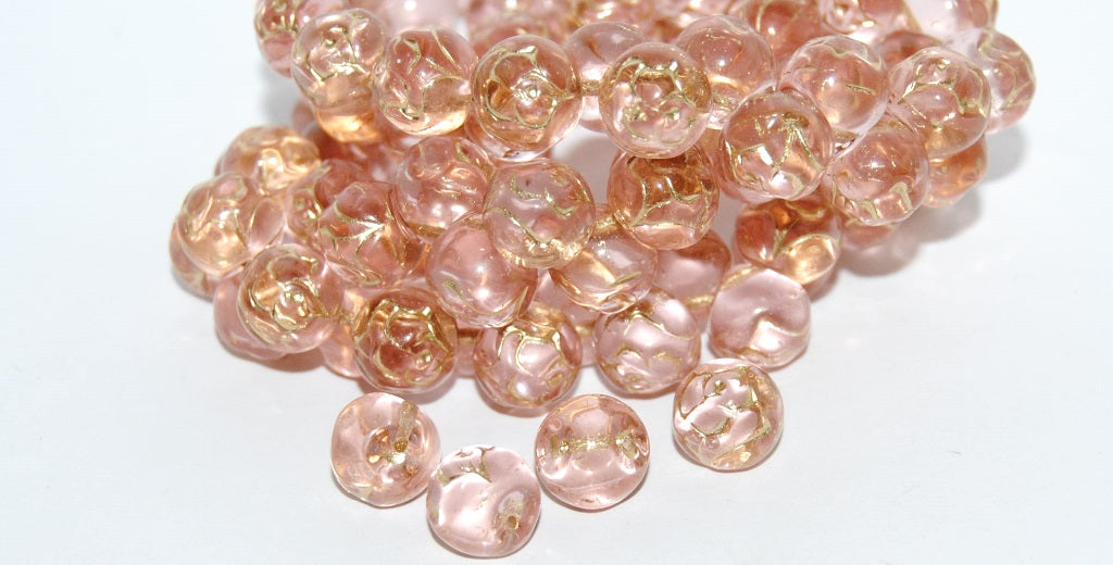 Round Pressed Glass Beads With Rose, Transparent Pink 54202 (70110 54202), Glass, Czech Republic