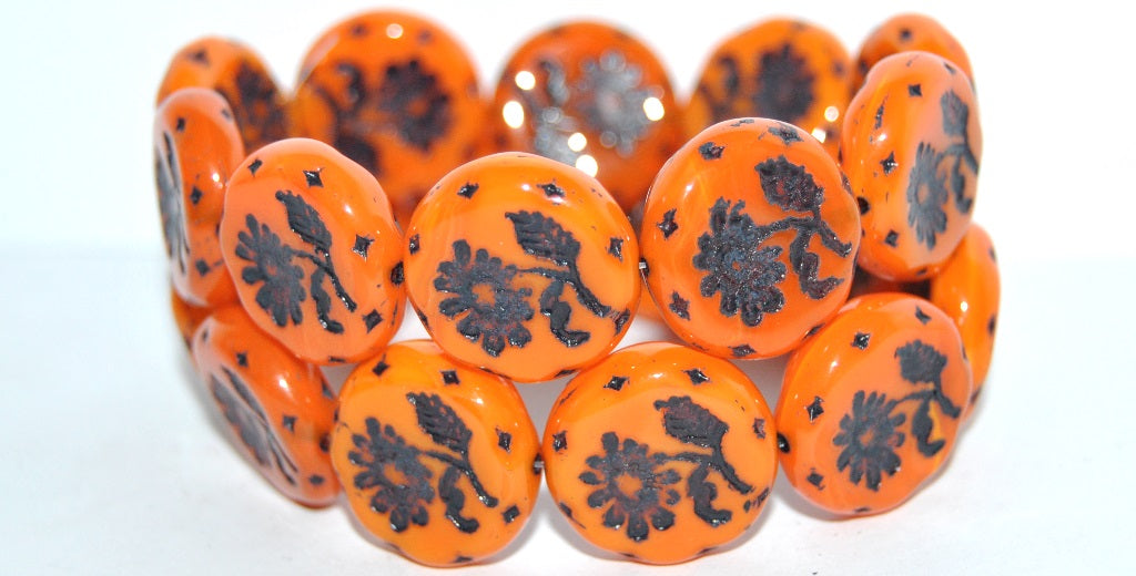 Round Flat With Flower Marguerite Pressed Glass Beads, (81260 46769), Glass, Czech Republic