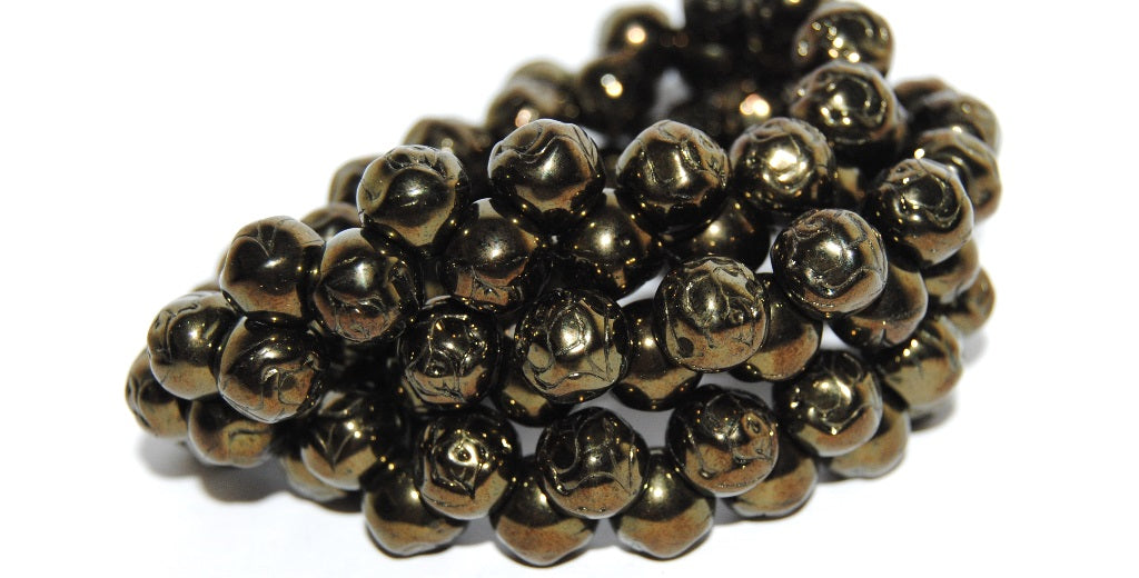 Round Pressed Glass Beads With Rose, Black Luster Red Full Coated (23980 14495), Glass, Czech Republic