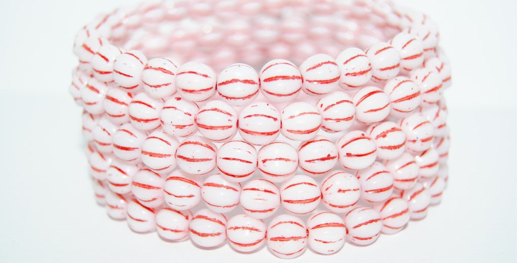 Melon Round Pressed Glass Beads With Stripes, Chalk White 44893 (3000 44893), Glass, Czech Republic