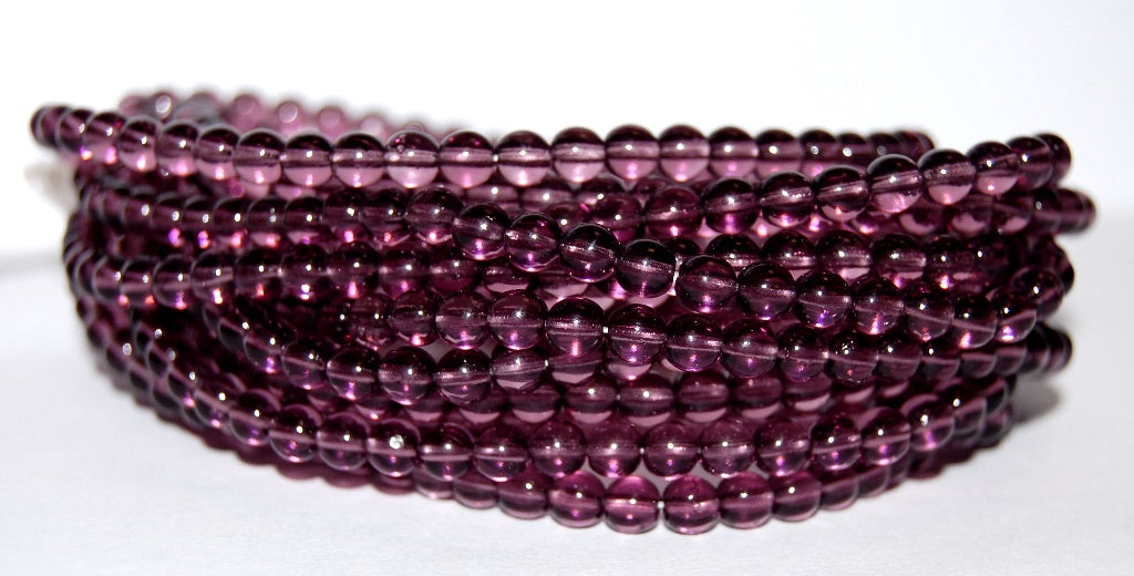 Round Pressed Glass Beads Druck, Transparent Amethyst (20060), Glass, Czech Republic
