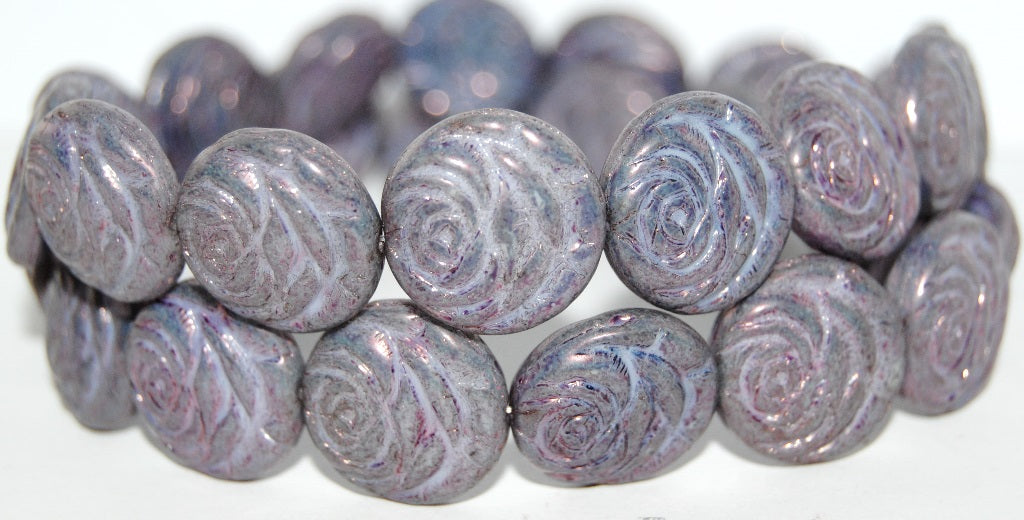 Round Flat Rose Flower Pressed Glass Beads, White Luster Red Full Coated (2010 14495), Glass, Czech Republic