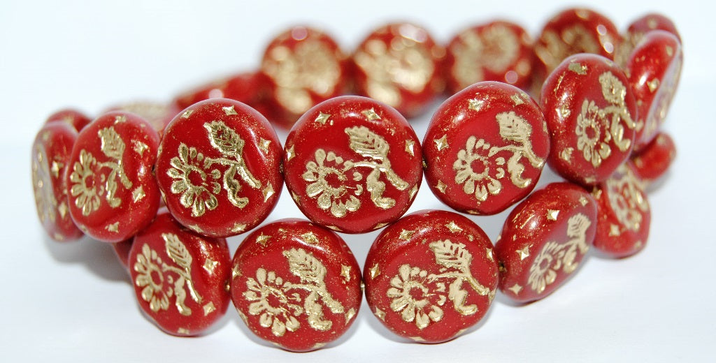 Round Flat With Flower Marguerite Pressed Glass Beads, Opaque Red 54202 (93210 54202), Glass, Czech Republic