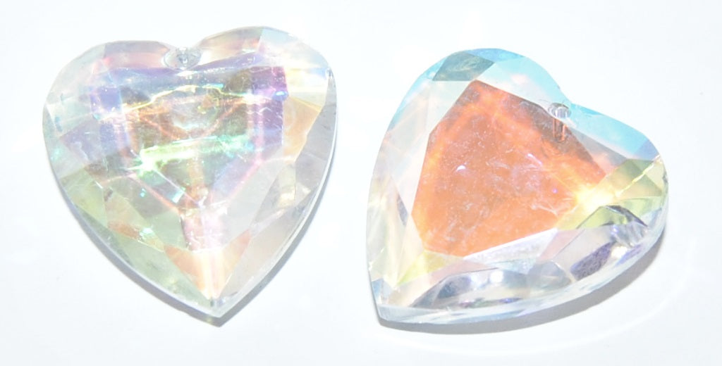 Cabochons Heart Faceted Flat Back Pendant With Hole, (Crystal Ab 2Xside), Glass, Czech Republic