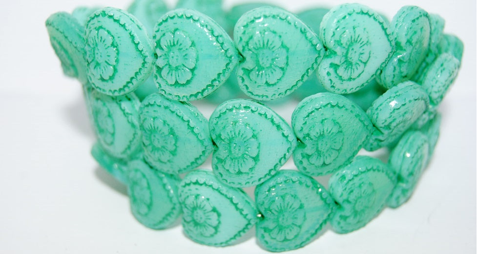 Heart With Flower Pressed Glass Beads, Opal Aqua 46450 (61100 46450), Glass, Czech Republic