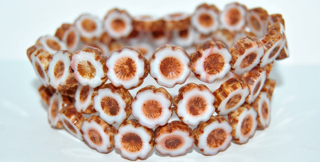 Table Cut Round Beads Hawaii Flowers, 7224 B Travertin (7224 B 86800), Glass, Czech Republic