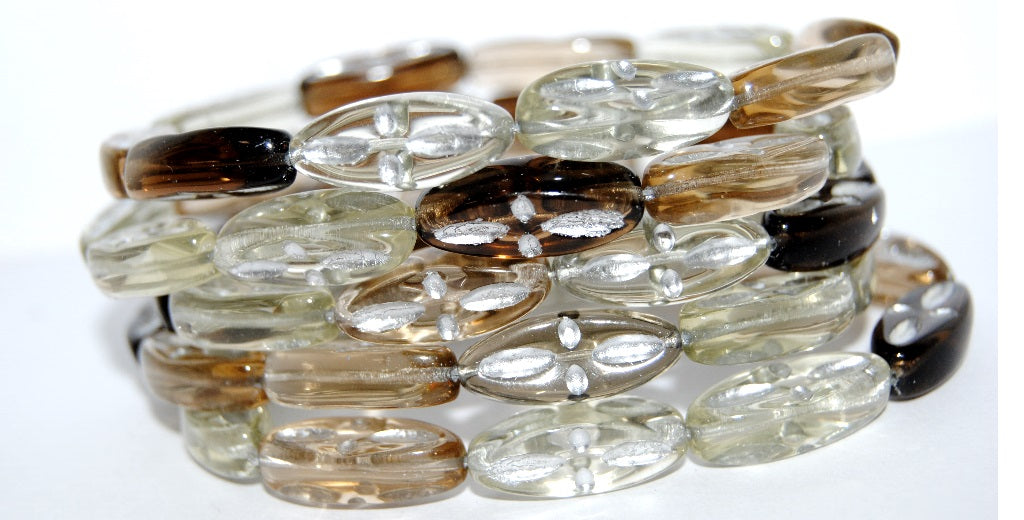 Boat Oval Pressed Glass Beads With Decor, Mixed Colors Gray 54201 (Mix Gray 54201), Glass, Czech Republic