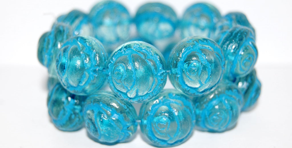 Round With Rose Flower Pressed Glass Beads, Transparent Aqua 46460 (60110 46460), Glass, Czech Republic