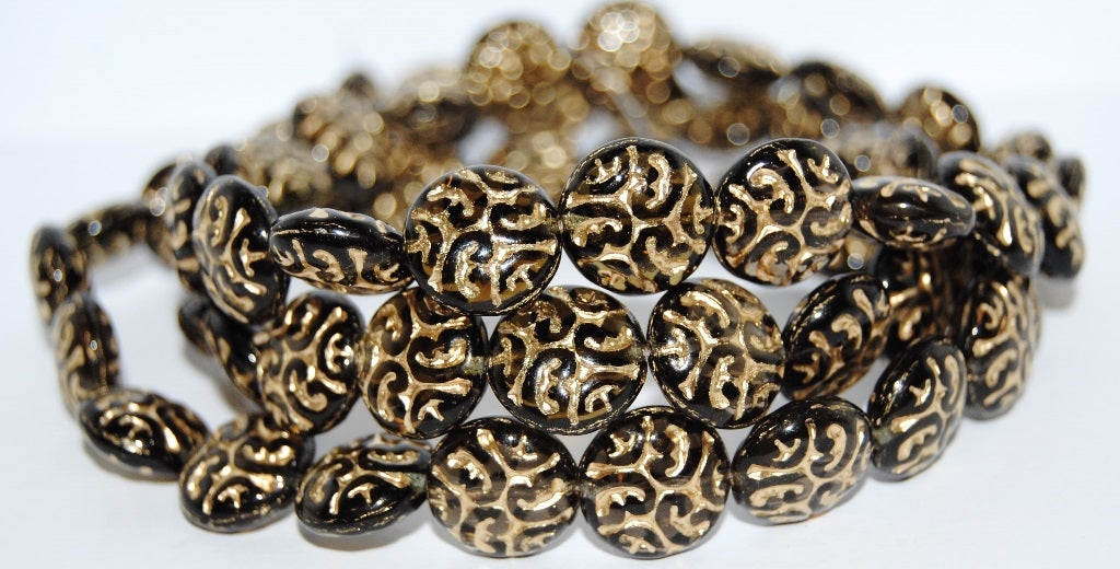 Lentil Round With Ornament Brain Pressed Glass Beads, Gray Mixed Colors 54202 (Gray Mix 54202), Glass, Czech Republic