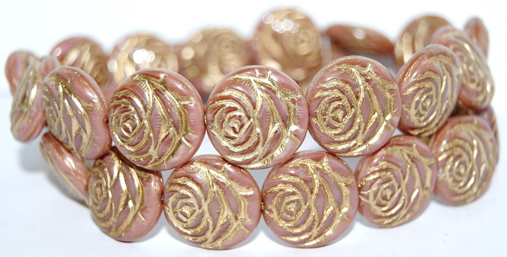 Round Flat Rose Flower Pressed Glass Beads, Opaque Pink 54202 (74000 54202), Glass, Czech Republic