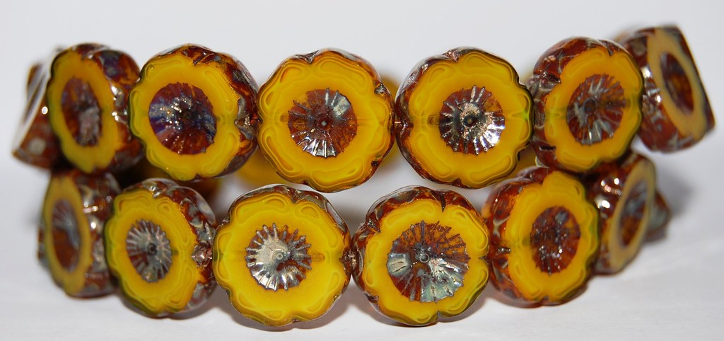 Table Cut Round Beads Hawaii Flowers, 84040 Travertin (84040 86800), Glass, Czech Republic