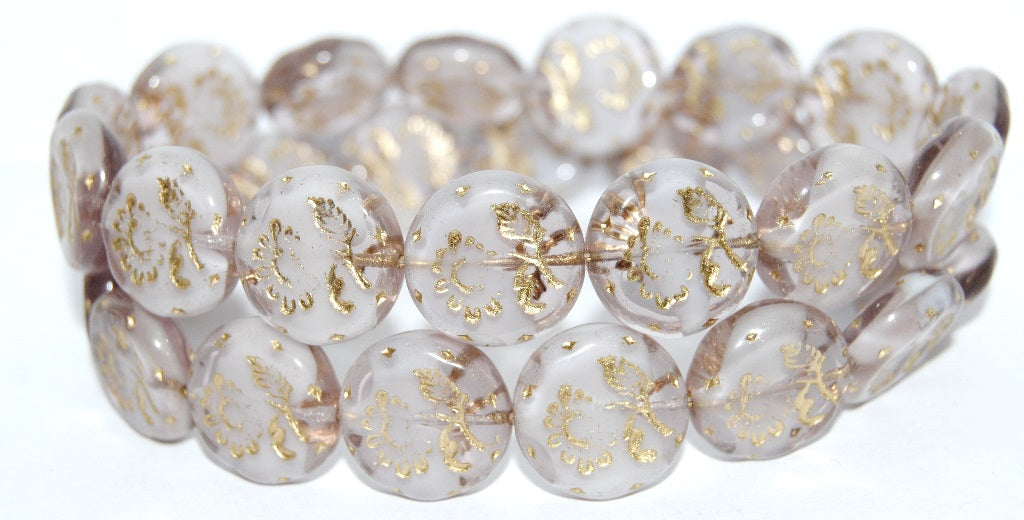 Round Flat With Flower Marguerite Pressed Glass Beads, (6208 54202), Glass, Czech Republic