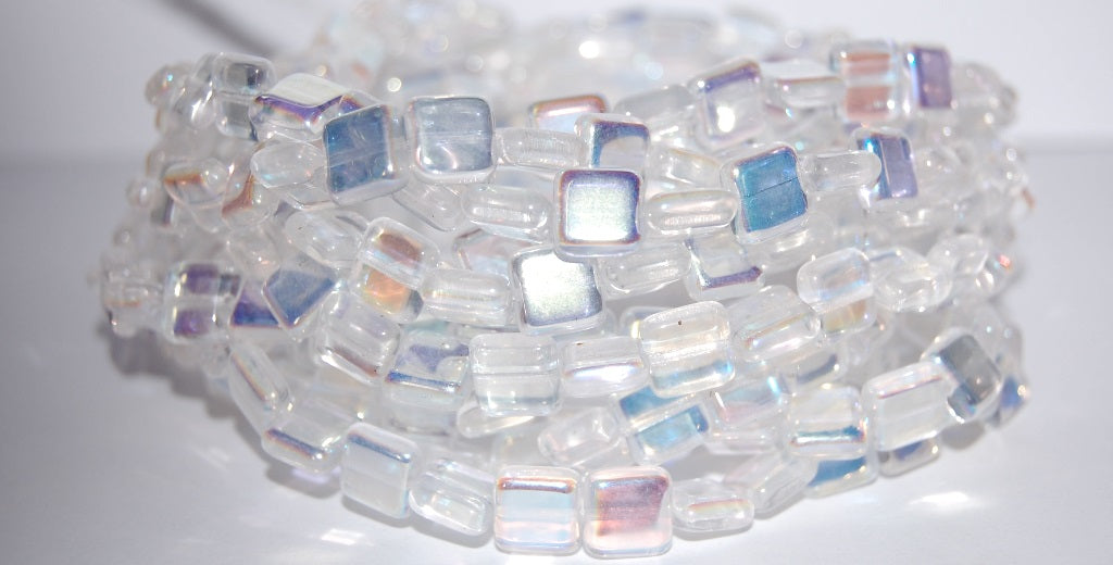 Flat Square Pressed Glass Beads, Crystal Ab (30 Ab), Glass, Czech Republic