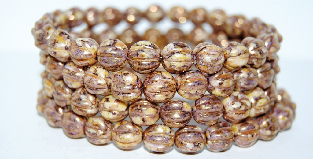 Melon Round Pressed Glass Beads With Stripes, Chalk White 15614 (3000 15614), Glass, Czech Republic