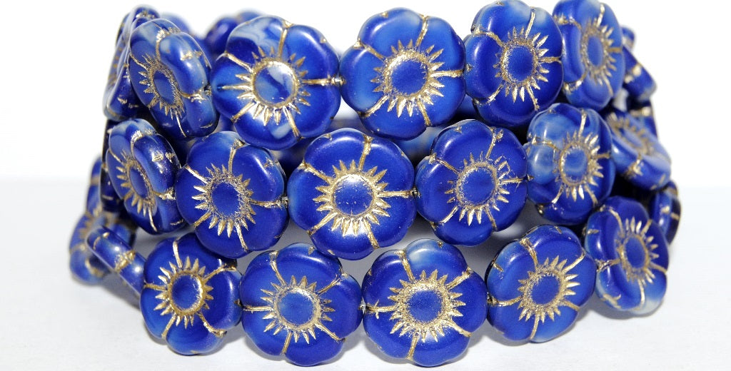 Round Flat Flower Pressed Glass Beads, (37005 54202), Glass, Czech Republic
