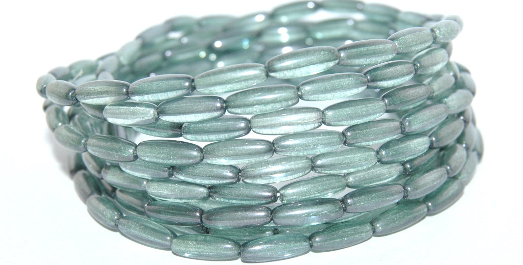 Olive Oval Pressed Glass Beads, Crystal Luster Green Full Coated (30 14459), Glass, Czech Republic