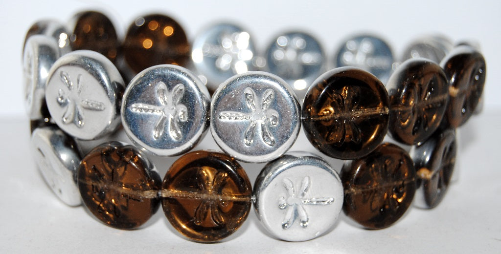 Round Flat Wit Dragonfly Pressed Glass Beads, Transparent Brown Crystal Silver Half Coating (10230 27001), Glass, Czech Republic