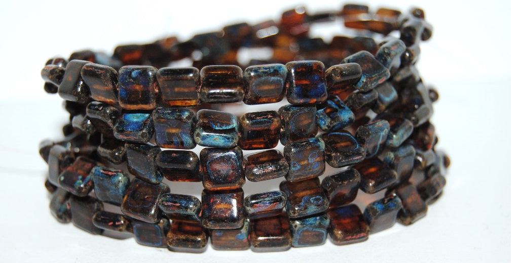 Flat Square Pressed Glass Beads, Transparent Orange Travertin (10060 86800), Glass, Czech Republic