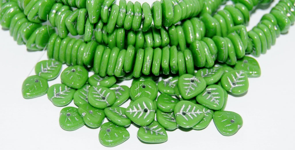 Lilac Leaf Pressed Glass Beads, Opaque Green 54201 (53320 54201), Glass, Czech Republic