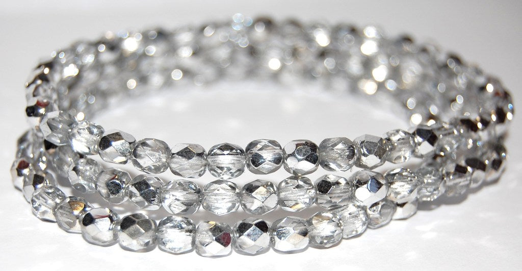 Fire Polished Round Faceted Beads, Crystal Crystal Silver Half Coating (30 27001), Glass, Czech Republic