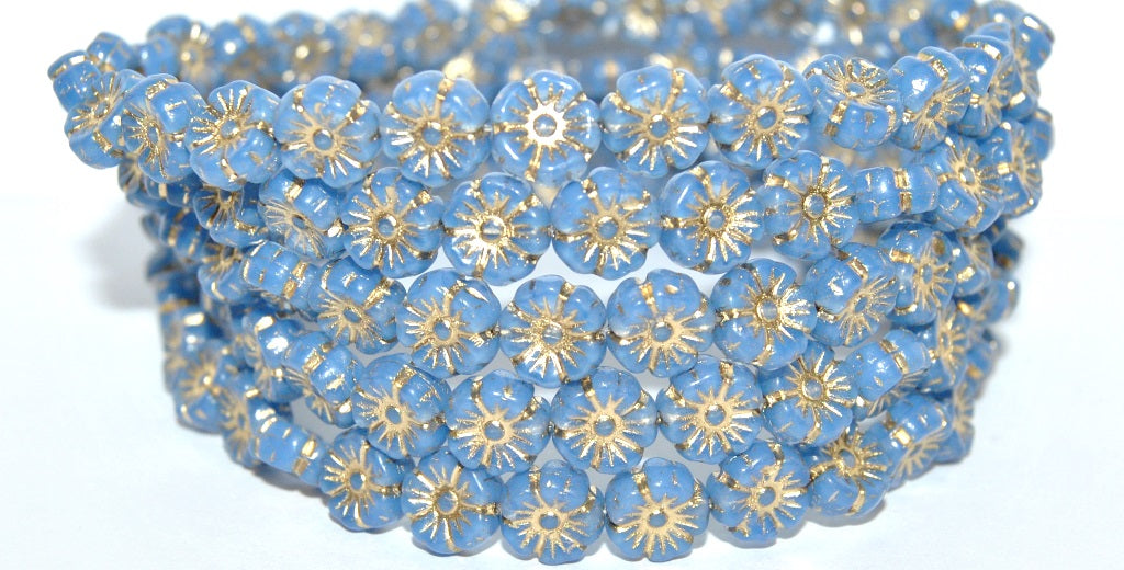 Hawaii Flower Pressed Glass Beads, Opal Blue 54202 (31010 54202), Glass, Czech Republic