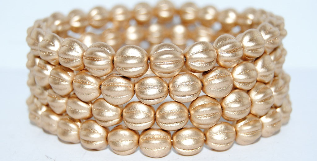 Melon Round Pressed Glass Beads With Stripes, Gold Colored (1710), Glass, Czech Republic