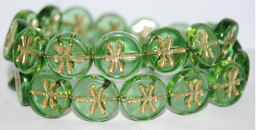 Round Flat Wit Dragonfly Pressed Glass Beads, Transparent Green 54202 (50520 54202), Glass, Czech Republic