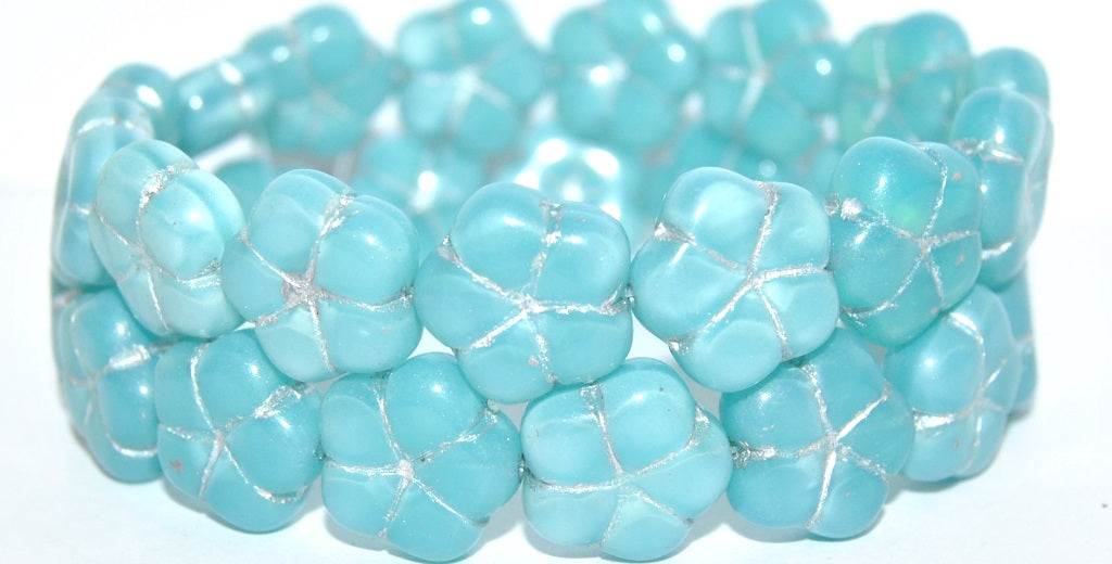 5-Petal Flower Pressed Glass Beads, Opal Aqua 54201 (61300 54201), Glass, Czech Republic