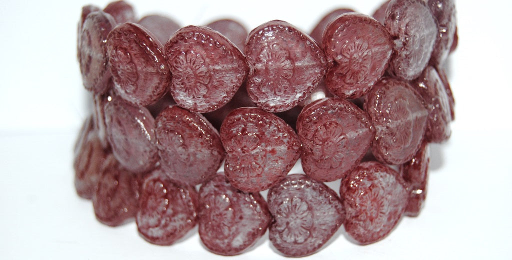 Heart With Flower Pressed Glass Beads, (Lava Glass 43609), Glass, Czech Republic
