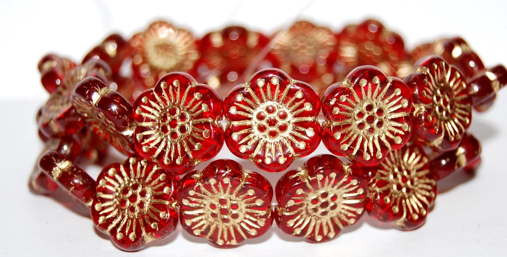 Flower Pressed Glass Beads, Ruby Red 54202 (90080 54202), Glass, Czech Republic