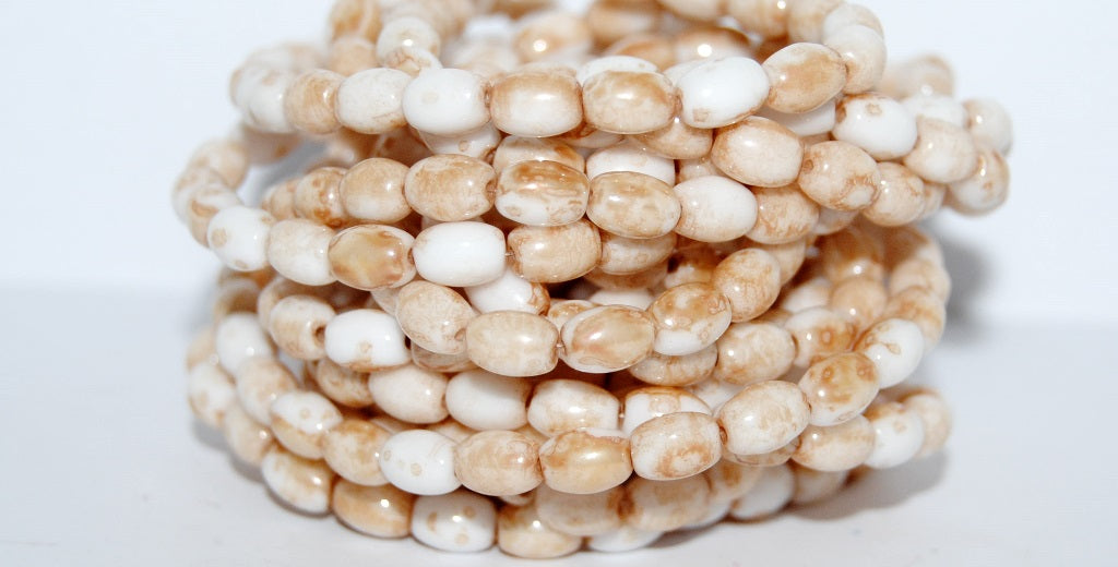 Olive Oval Pressed Glass Beads, White 15413 (2010 15413), Glass, Czech Republic