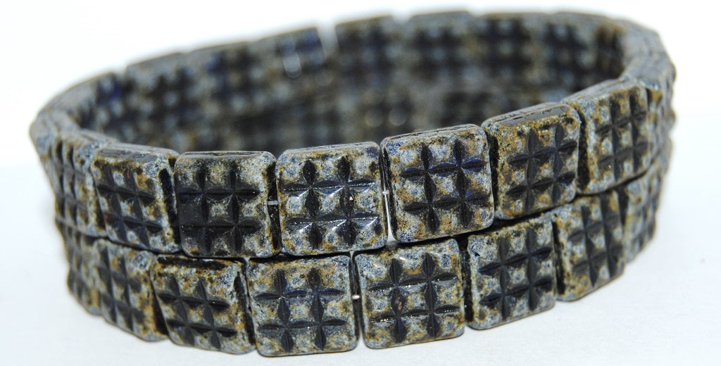 Square With 9 Squares Pressed Glass Beads, Transparent Blue Travertin Matte Antiq (30090 86800M Antiq), Glass, Czech Republic