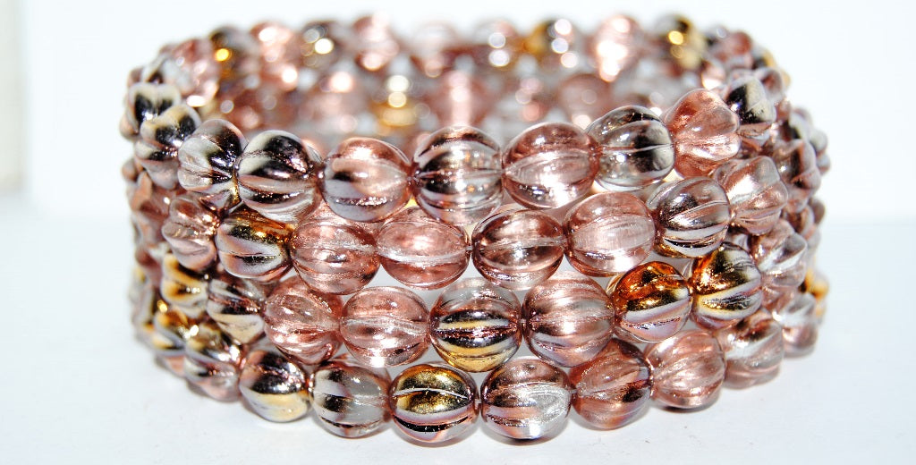 Melon Round Pressed Glass Beads With Stripes, Crystal Prismatic Phoenix (30 27104), Glass, Czech Republic