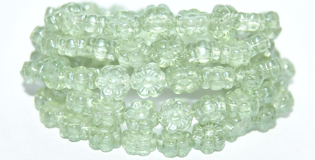Hawaii Flower Pressed Glass Beads, Crystal Luster Green Full Coated (30 14457), Glass, Czech Republic