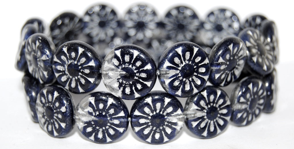 Flat Round With Flower Pressed Glass Beads, (36028 54201), Glass, Czech Republic