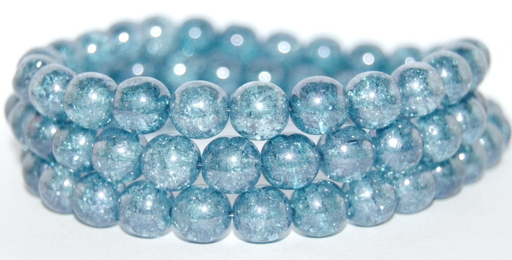 Round Pressed Glass Beads Druck, Luster Blue Full Coated Crack (14464 Crack), Glass, Czech Republic