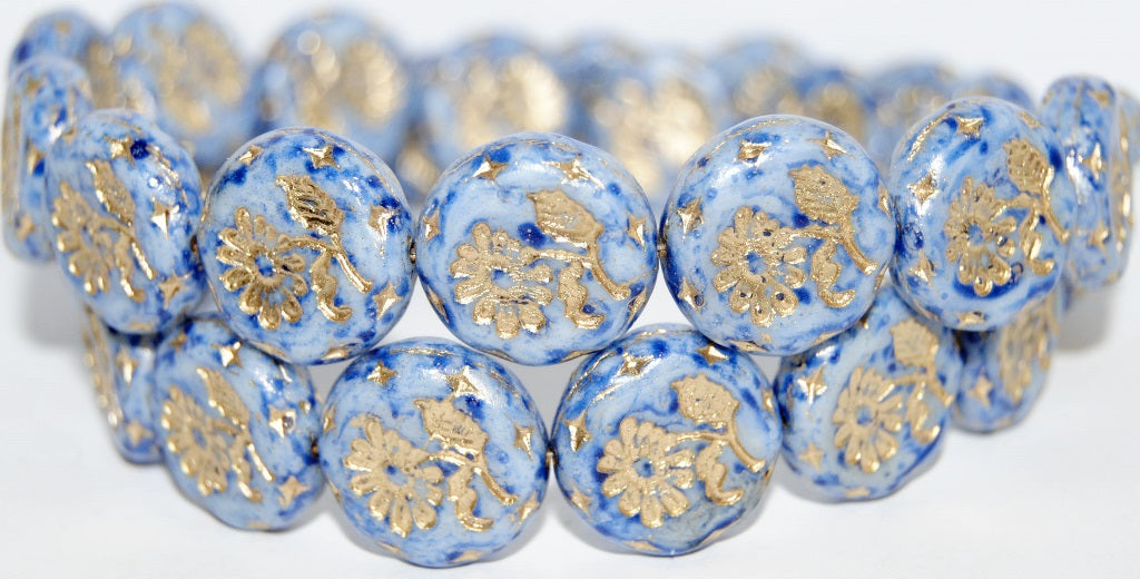 Round Flat With Flower Marguerite Pressed Glass Beads, Chalk White Lava Glass Blue 54202 (3000 Lava Glass Blue 54202), Glass, Czech Republic