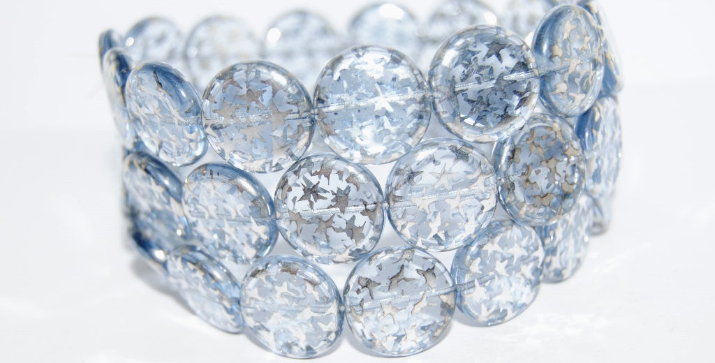 Flat Round Coin Pressed Glass Beads, Transparent Blue Stars (30020 Stars), Glass, Czech Republic