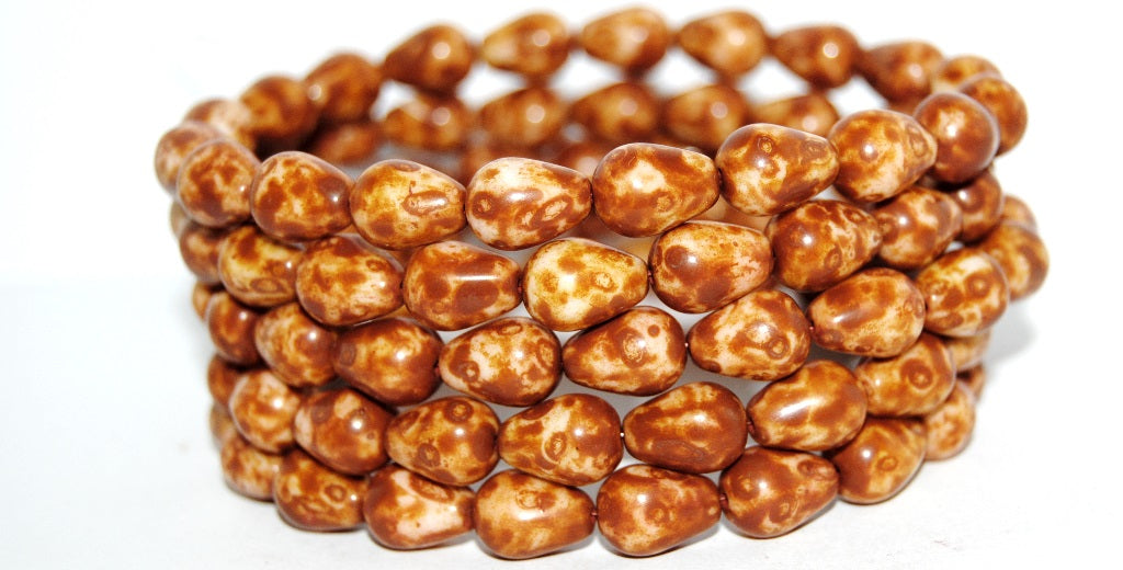 Pear Drop Pressed Glass Beads, White Travertin (2010 86800), Glass, Czech Republic