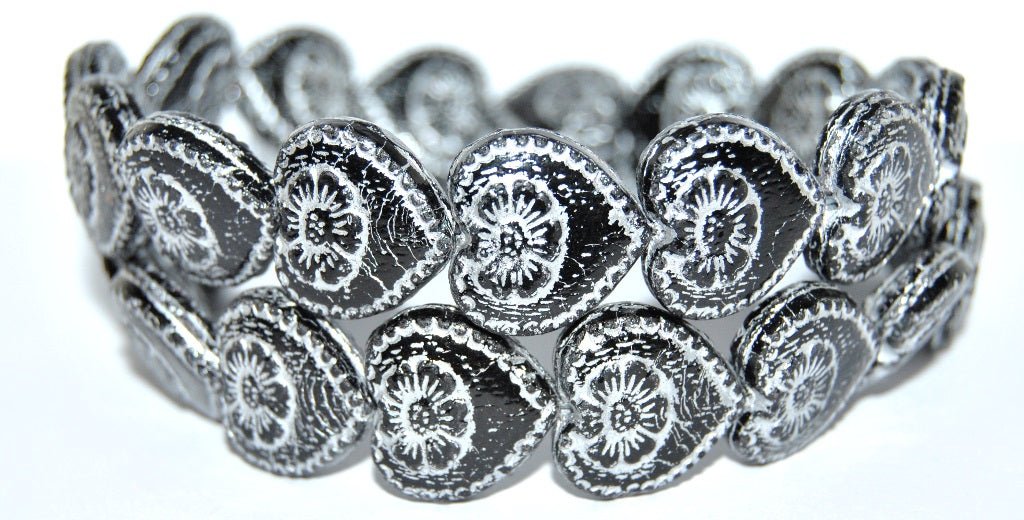 Heart With Flower Pressed Glass Beads, Black 54201 (23980 54201), Glass, Czech Republic