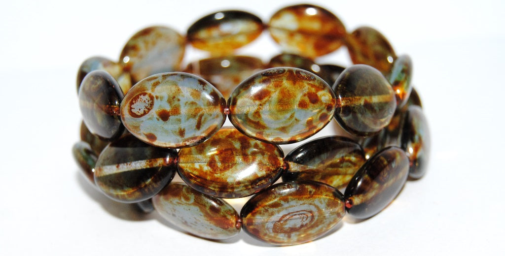Oval Pressed Glass Beads, Mixed Colors Blue Travertin (Mix Blue 86800), Glass, Czech Republic